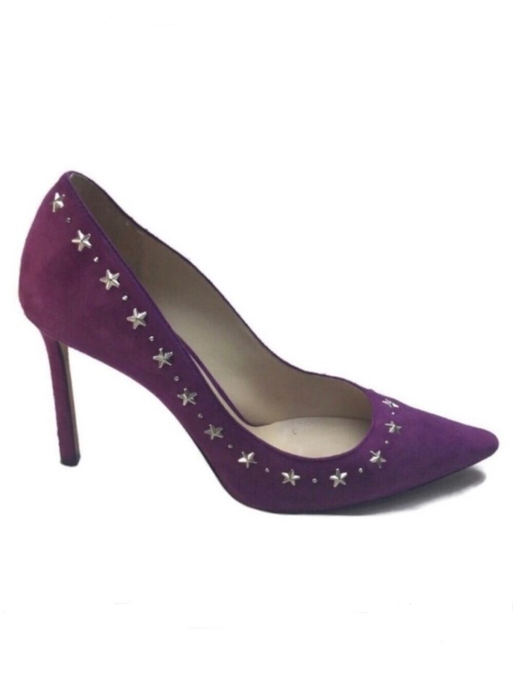 Jimmy Choo Romy 100 Purple Suede Mini Studs & Stars Pointed Toe Pumps Size 7.5